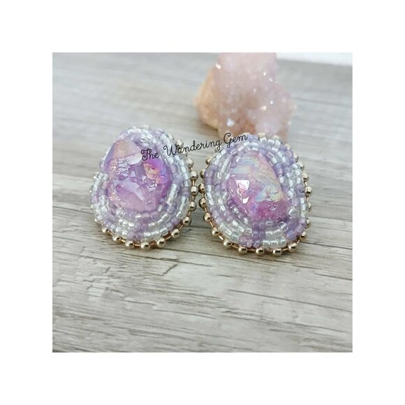Aura Amethyst Gemstone Beaded Stud Earrings, Purple Boho Statement - Picture 5 of 5